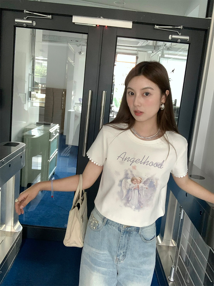 Retro Printed Short Sleeve T-Shirt for Women - Midsummer Southern Star Design, Thin Lace Round Neck, Summer Style Retro Printed Short Sleeve T-Shirt for Women - Midsummer Southern Star Design, Thin Lace Round Neck, Summer Style