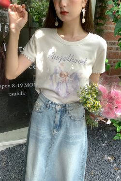 Retro Printed Short Sleeve T-Shirt for Women - Midsummer Southern Star Design, Thin Lace Round Neck, Summer Style