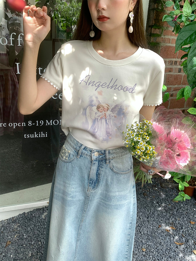 Retro Printed Short Sleeve T-Shirt for Women - Midsummer Southern Star Design, Thin Lace Round Neck, Summer Style Retro Printed Short Sleeve T-Shirt for Women - Midsummer Southern Star Design, Thin Lace Round Neck, Summer Style