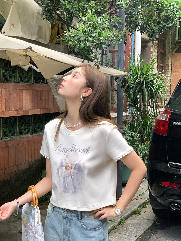 Retro Printed Short Sleeve T-Shirt for Women - Midsummer Southern Star Design, Thin Lace Round Neck, Summer Style Retro Printed Short Sleeve T-Shirt for Women - Midsummer Southern Star Design, Thin Lace Round Neck, Summer Style