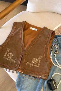 Retro PU Leather Embroidered Tassel Vest Jacket for Women - Loose Short Layered Style for Travel, Inspired by Hong Kong and Xinjiang