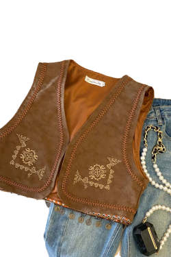 Retro PU Leather Embroidered Tassel Vest Jacket for Women - Loose Short Layered Style for Travel, Inspired by Hong Kong and Xinjiang