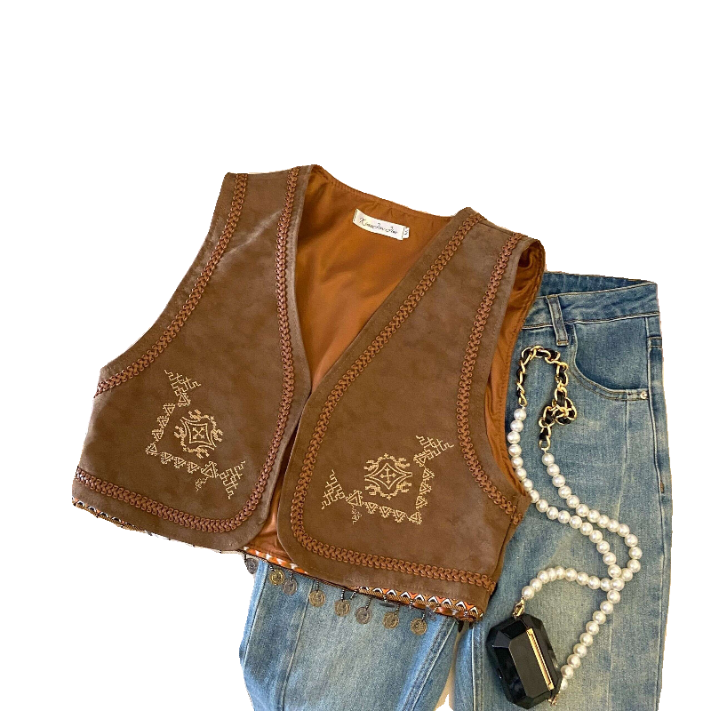 Retro PU Leather Embroidered Tassel Vest Jacket for Women - Loose Short Layered Style for Travel, Inspired by Hong Kong and Xinjiang Retro PU Leather Embroidered Tassel Vest Jacket for Women - Loose Short Layered Style for Travel, Inspired by Hong Kong and Xinjiang