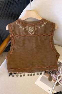 Retro PU Leather Embroidered Tassel Vest Jacket for Women - Loose Short Layered Style for Travel, Inspired by Hong Kong and Xinjiang