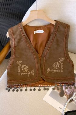 Retro PU Leather Embroidered Tassel Vest Jacket for Women - Loose Short Layered Style for Travel, Inspired by Hong Kong and Xinjiang