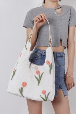 Retro Purple Floral Tulip Tote Bag for Women - Large Capacity Summer Commuter Bag, Fashionable Versatile Y2K Style