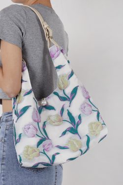 Retro Purple Floral Tulip Tote Bag for Women - Large Capacity Summer Commuter Bag, Fashionable Versatile Y2K Style