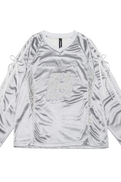 Retro Revival American Lace Bow Long Sleeve T-Shirt - Women's Jersey Sports Style Satin Top for Y2K Fashion