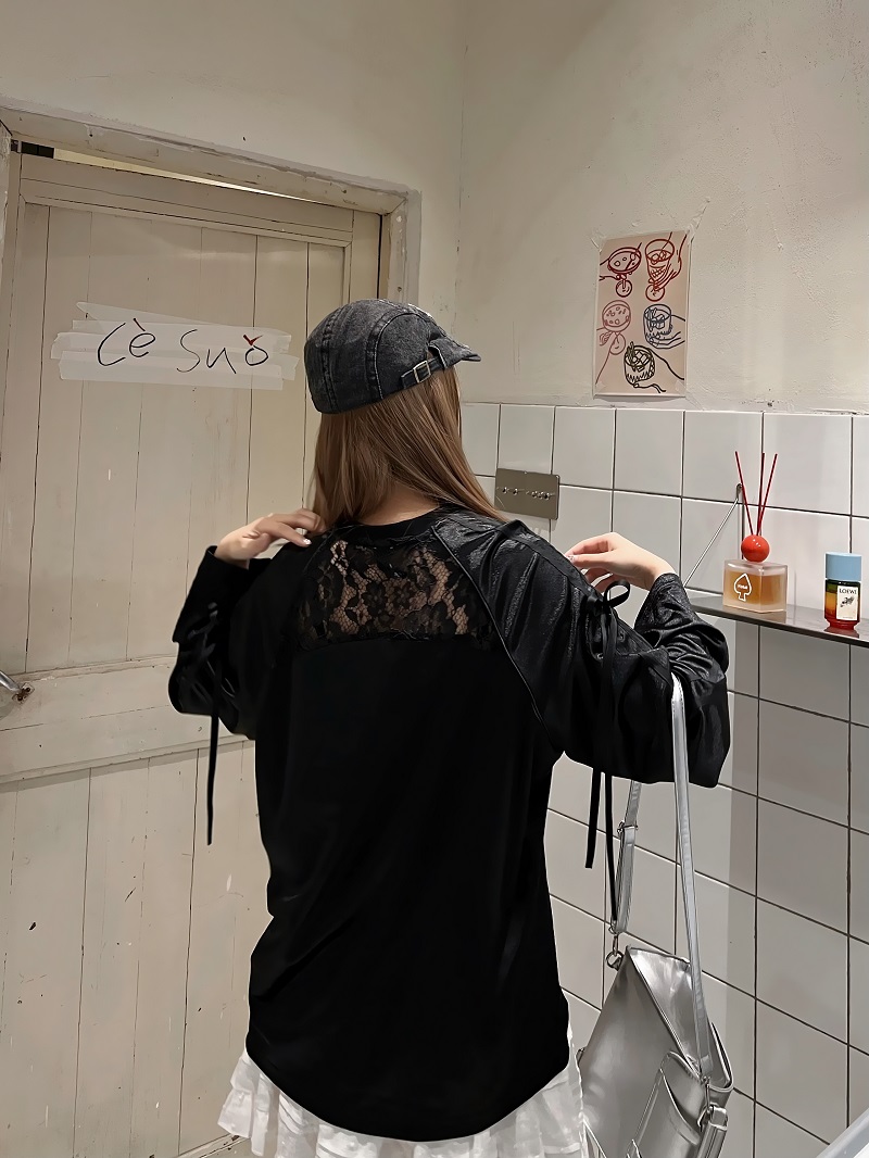 Retro Revival American Lace Bow Long Sleeve T-Shirt - Women's Jersey Sports Style Satin Top for Y2K Fashion Retro Revival American Lace Bow Long Sleeve T-Shirt - Women's Jersey Sports Style Satin Top for Y2K Fashion