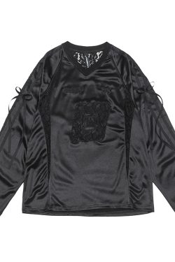 Retro Revival American Lace Bow Long Sleeve T-Shirt - Women's Jersey Sports Style Satin Top for Y2K Fashion