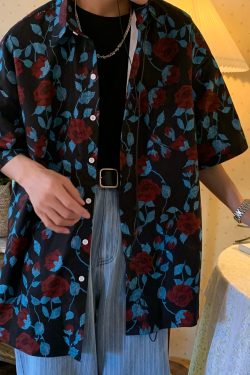 Retro Rose Print Short Sleeve Shirt - Summer Floral Korean Style for Young Trendsetters