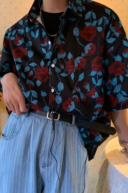 Retro Rose Print Short Sleeve Shirt - Summer Floral Korean Style for Young Trendsetters