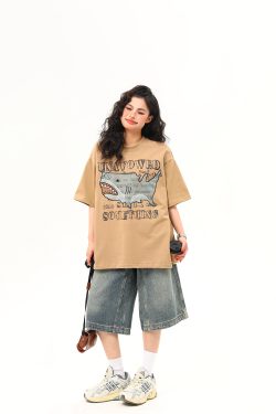 Retro Shark Patch Embroidered Short Sleeve T-Shirt for Women - American Style Summer Versatile Top