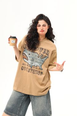 Retro Shark Patch Embroidered Short Sleeve T-Shirt for Women - American Style Summer Versatile Top