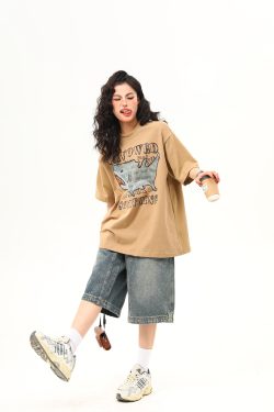 Retro Shark Patch Embroidered Short Sleeve T-Shirt for Women - American Style Summer Versatile Top