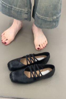 Retro Sheepskin Cross-Strap Flat Shoes with Square Toe & Pig Nose - Women's Ballet Flats, Shallow Mouth Mary Jane Style