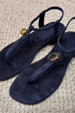 Retro Sheepskin Flat Sandals with Metal Buckle, One-Strap Toe Post Roman Beach Flip-Flops for Women - Versatile Summer Footwear