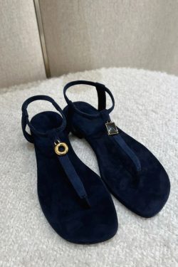 Retro Sheepskin Flat Sandals with Metal Buckle, One-Strap Toe Post Roman Beach Flip-Flops for Women - Versatile Summer Footwear