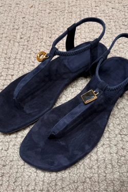 Retro Sheepskin Flat Sandals with Metal Buckle, One-Strap Toe Post Roman Beach Flip-Flops for Women - Versatile Summer Footwear