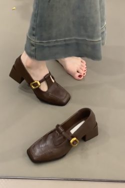 Retro Sheepskin High-Heeled Mary Jane Shoes - Square Toe, Chunky Heel, One-Strap Buckle, Elegant Commuter Style for Women