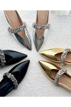 Retro Sheepskin One-Strap Rhinestone Open-Toe Slippers for Women - Summer Flat Pointed Footwear in Zhao Lusi Style