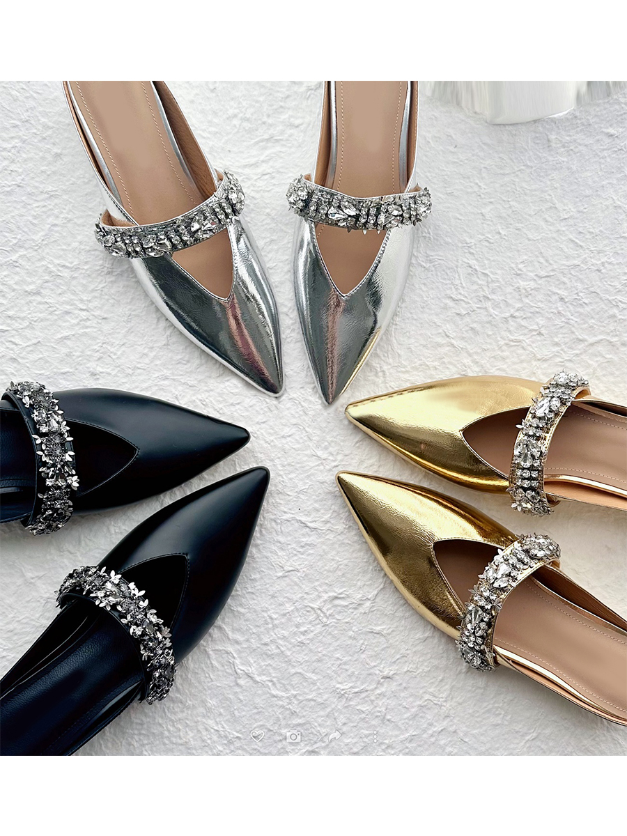 Retro Sheepskin One-Strap Rhinestone Open-Toe Slippers for Women - Summer Flat Pointed Footwear in Zhao Lusi Style Retro Sheepskin One-Strap Rhinestone Open-Toe Slippers for Women - Summer Flat Pointed Footwear in Zhao Lusi Style