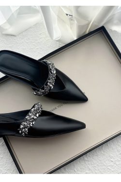 Retro Sheepskin One-Strap Rhinestone Open-Toe Slippers for Women - Summer Flat Pointed Footwear in Zhao Lusi Style