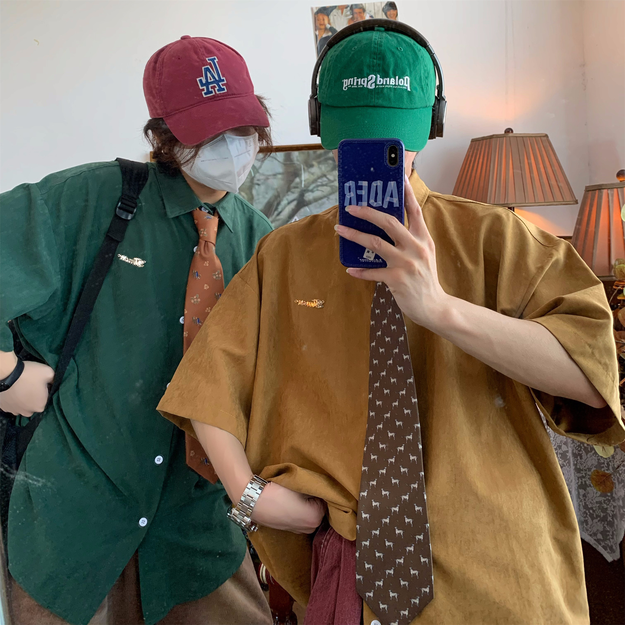 Retro Short Sleeve Shirt for Couples - Handmade Hong Kong Style, Solid Color, Loose Fit, Summer Casual Fashion Retro Short Sleeve Shirt for Couples - Handmade Hong Kong Style, Solid Color, Loose Fit, Summer Casual Fashion