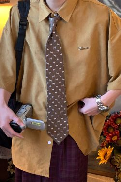 Retro Short Sleeve Shirt for Couples - Handmade Hong Kong Style, Solid Color, Loose Fit, Summer Casual Fashion