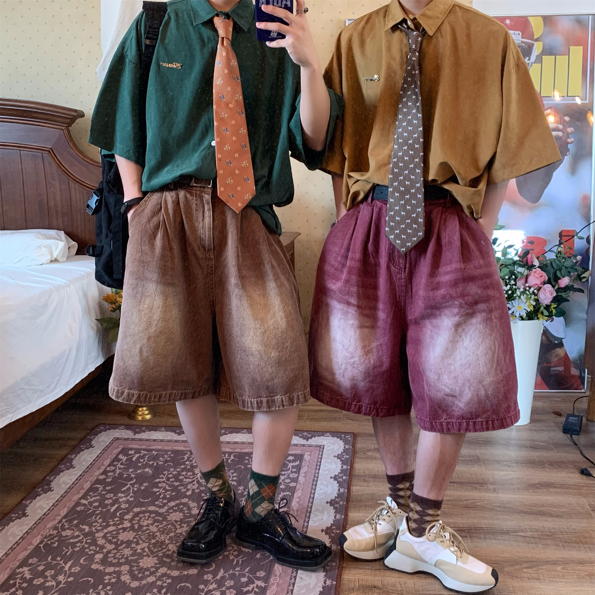 Retro Short Sleeve Shirt for Couples - Handmade Hong Kong Style, Solid Color, Loose Fit, Summer Casual Fashion Retro Short Sleeve Shirt for Couples - Handmade Hong Kong Style, Solid Color, Loose Fit, Summer Casual Fashion