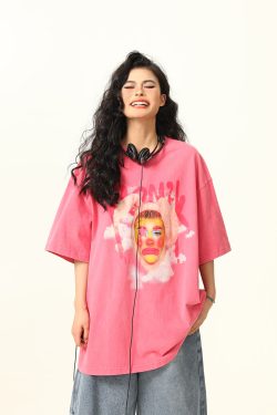 Retro Street Clown Print Loose Vintage Pink T-Shirt for Women - Short Sleeve, 90s Inspired Fashion, Casual Chic Style
