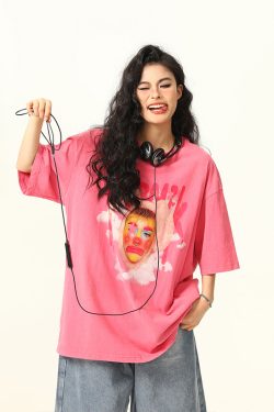Retro Street Clown Print Loose Vintage Pink T-Shirt for Women - Short Sleeve, 90s Inspired Fashion, Casual Chic Style
