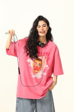 Retro Street Clown Print Loose Vintage Pink T-Shirt for Women - Short Sleeve, 90s Inspired Fashion, Casual Chic Style