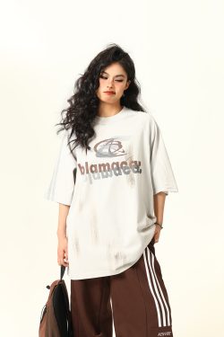 Retro Street Graffiti Letter Short-Sleeve T-Shirt for Men and Women, Loose Fit High Street Trendy Top, 90s Inspired Fashion