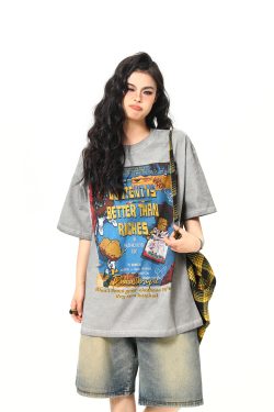 Retro Street Print Washed Short-Sleeve T-Shirt for Men and Women - Versatile Summer Couple Top, Trendy 90s American Style