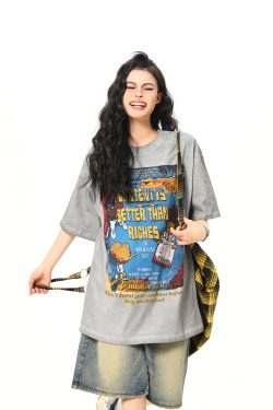 Retro Street Print Washed Short-Sleeve T-Shirt for Men and Women - Versatile Summer Couple Top, Trendy 90s American Style