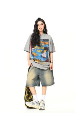 Retro Street Print Washed Short-Sleeve T-Shirt for Men and Women - Versatile Summer Couple Top, Trendy 90s American Style