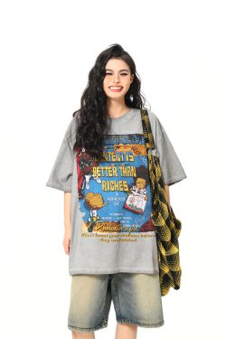 Retro Street Print Washed Short-Sleeve T-Shirt for Men and Women - Versatile Summer Couple Top, Trendy 90s American Style