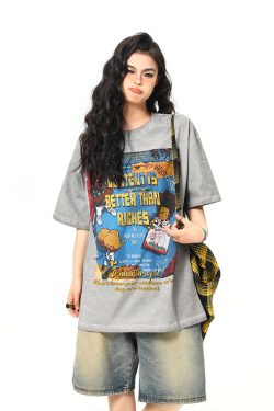 Retro Street Print Washed Short-Sleeve T-Shirt for Men and Women - Versatile Summer Couple Top, Trendy 90s American Style