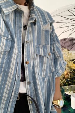 Retro Striped Denim Top - Handmade Loose Fit Shirt with Ripped Short Sleeves, Summer Hong Kong Style, Trendy 90s Vibe