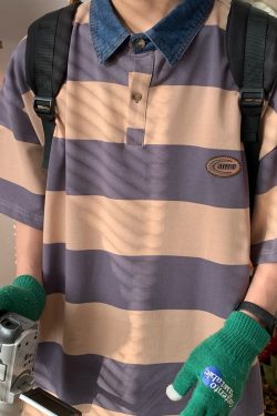 Retro Striped Polo Shirt with Denim Collar - Loose Fit, Short Sleeve, Versatile College Style, Trendy 90s-Inspired Top