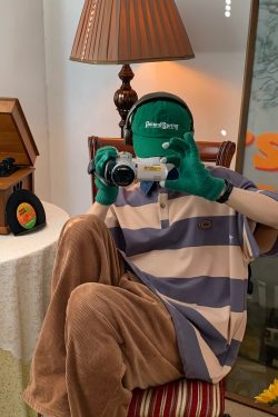 Retro Striped Polo Shirt with Denim Collar - Loose Fit, Short Sleeve, Versatile College Style, Trendy 90s-Inspired Top