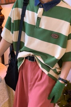 Retro Striped Polo Shirt with Denim Collar - Loose Fit, Short Sleeve, Versatile College Style, Trendy 90s-Inspired Top