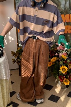 Retro Striped Polo Shirt with Denim Collar - Loose Fit, Short Sleeve, Versatile College Style, Trendy 90s-Inspired Top