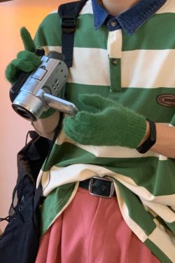 Retro Striped Polo Shirt with Denim Collar - Loose Fit, Short Sleeve, Versatile College Style, Trendy 90s-Inspired Top