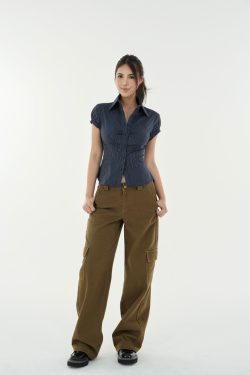 Retro Striped Waist-Cinching Short Sleeve Shirt - Vintage Inspired 90s Style Top