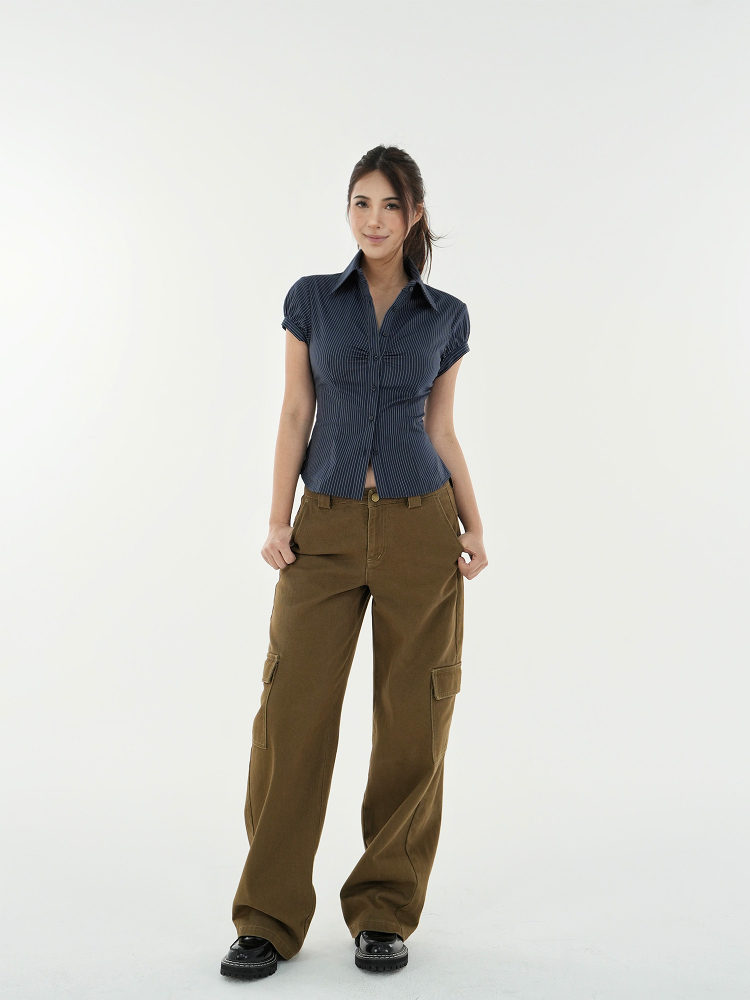 Retro Striped Waist-Cinching Short Sleeve Shirt - Vintage Inspired 90s Style Top Retro Striped Waist-Cinching Short Sleeve Shirt - Vintage Inspired 90s Style Top