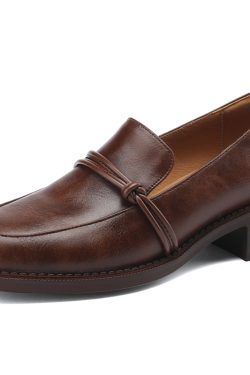 Retro-Style Chunky Heel Loafers for Women - Round Toe, Slip-On, Genuine Leather Flats, Italian Inspired Fashion
