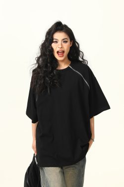 Retro Suede Double Zipper Short Sleeve T-Shirt for Men and Women - High Street Loose Fit Couple Tee, Y2K Style