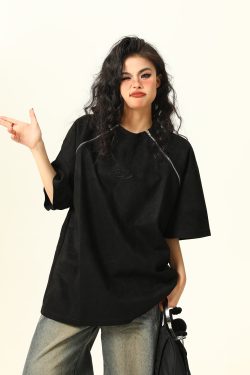 Retro Suede Double Zipper Short Sleeve T-Shirt for Men and Women - High Street Loose Fit Couple Tee, Y2K Style